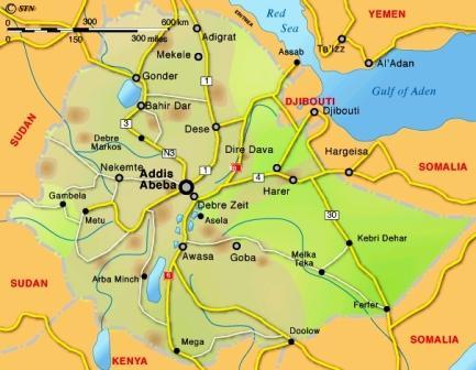 خريطة توضح الحدود بين اسمرة واديس ابابا