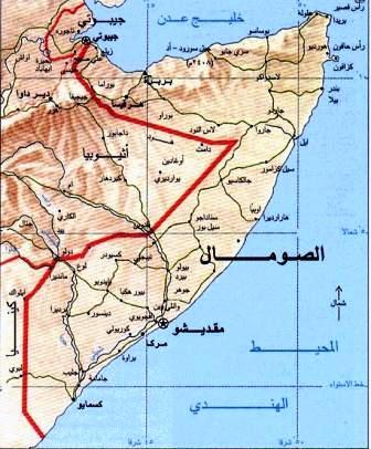 خريطة توضح موقع الصومال في القرن الافريقي