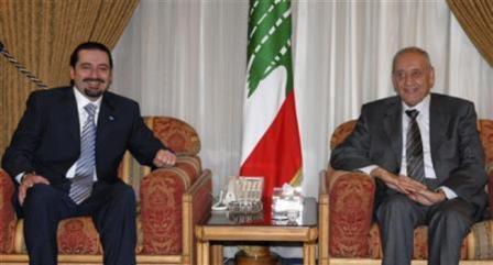 نبيه بري ورئيس الوزراء المكلف سعد الحريري خلال اجتماع في بيروت يوم 27 ديسمبر 2007 م