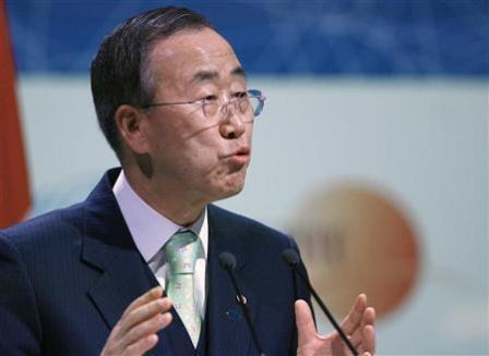 الأمين العام للأمم المتحدة بان جي مون خلال مؤتمر في كوبنهاجن يوم 18 ديسمبر 2009.