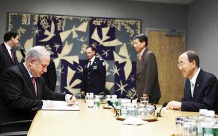 اجتماع بين الأمين العام للأمم المتحدة بان جي مون ورئيس الوزراء الإسرائيلي بنيامين نتنياهو في مقر المنظمة الدولية في نيويورك