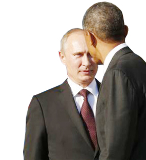>  الرئيس الروسي فلاديمير بوتين ونظيره الأمريكي باراك اوباما أثناء قمة مجموعة العشرين في سان بطرسبرج يوم 5 سبتمبر  2013